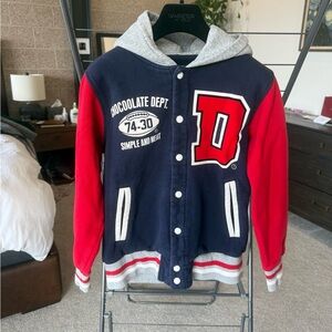 Red and Navy Varsity Jacket with Gray Hood